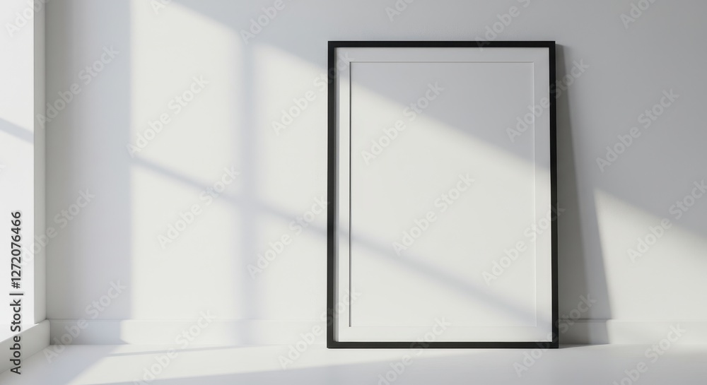 A blank frame leans on a light wall, bathed in natural light, exuding serenity A blank frame leans on a light wall, bathed in natural light, exuding serenity