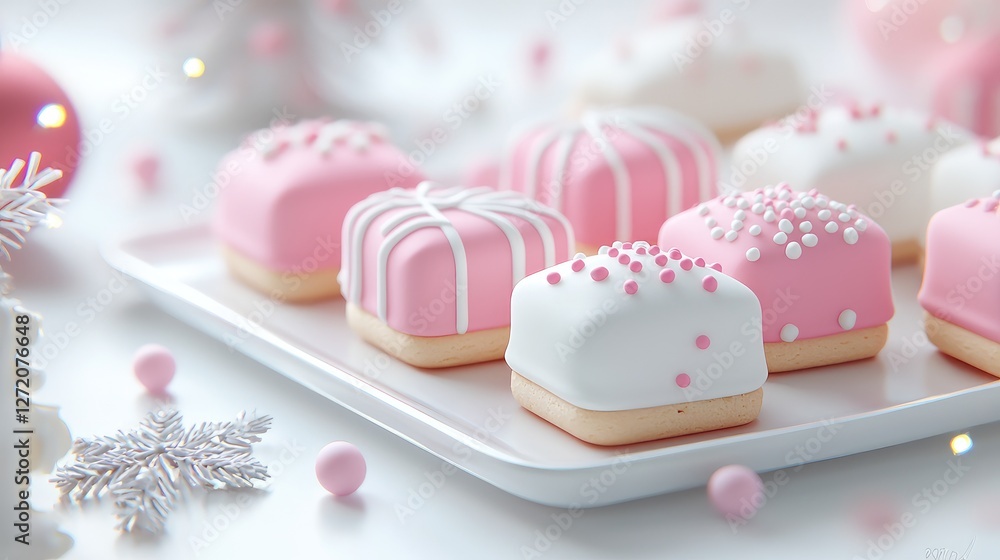 Pink and white Christmas petit fours on plate Pink and white Christmas petit fours on plate