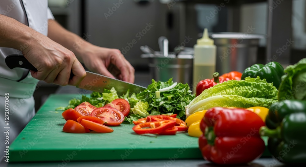 Fresh Salad Preparation in a Culinary Kitchen - Healthy eating, culinary arts, food preparation, kitchen space, close-up view of fresh salad ingredients being chopped Fresh Salad Preparation in a Culinary Kitchen - Healthy eating, culinary arts, food preparation, kitchen space, close-up view of fresh salad ingredients being chopped