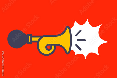 car horn makes a sharp sound. musical trumpet on a red background.
