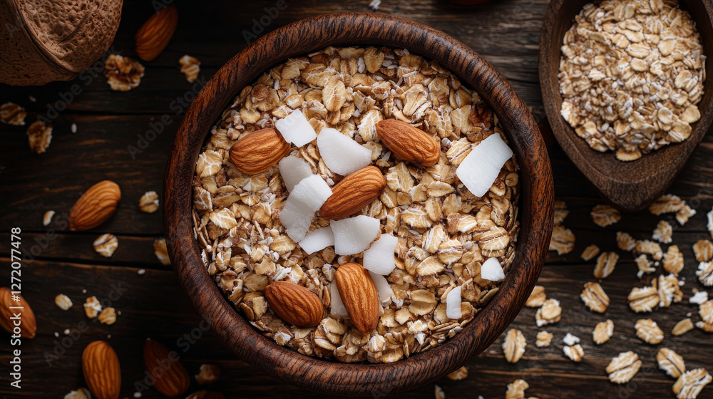 A wholesome combination of oats, nuts, flax seeds, and coconut flakes presented against a rustic wooden backdrop A wholesome combination of oats, nuts, flax seeds, and coconut flakes presented against a rustic wooden backdrop