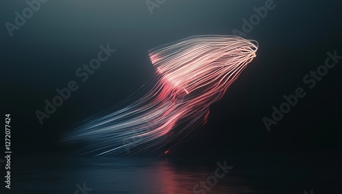 The image is a 3D render of a geometric shape bathed in neon light, positioned in front of a dark tunnel and emitting a laser glow