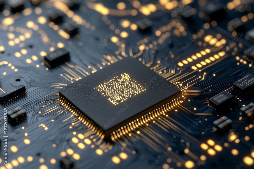 The concept of electronic and technology is illustrated through a 3D render of AI stock technology, featuring a central processor unit and chipset on a printed circuit board, with a selective focus The concept of electronic and technology is illustrated through a 3D render of AI stock technology, featuring a central processor unit and chipset on a printed circuit board, with a selective focus
