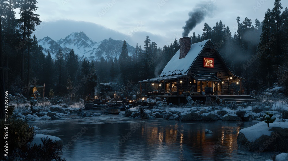 Fototapeta premium A cozy cabin emits a warm glow amidst a snow-laden forest, with distant mountains under a soft, wintry sky at dusk.
