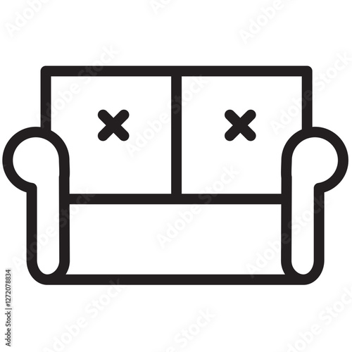 Stylish line icon illustration of a modern two-seater sofa with crossed-out marks representing a defective furniture item