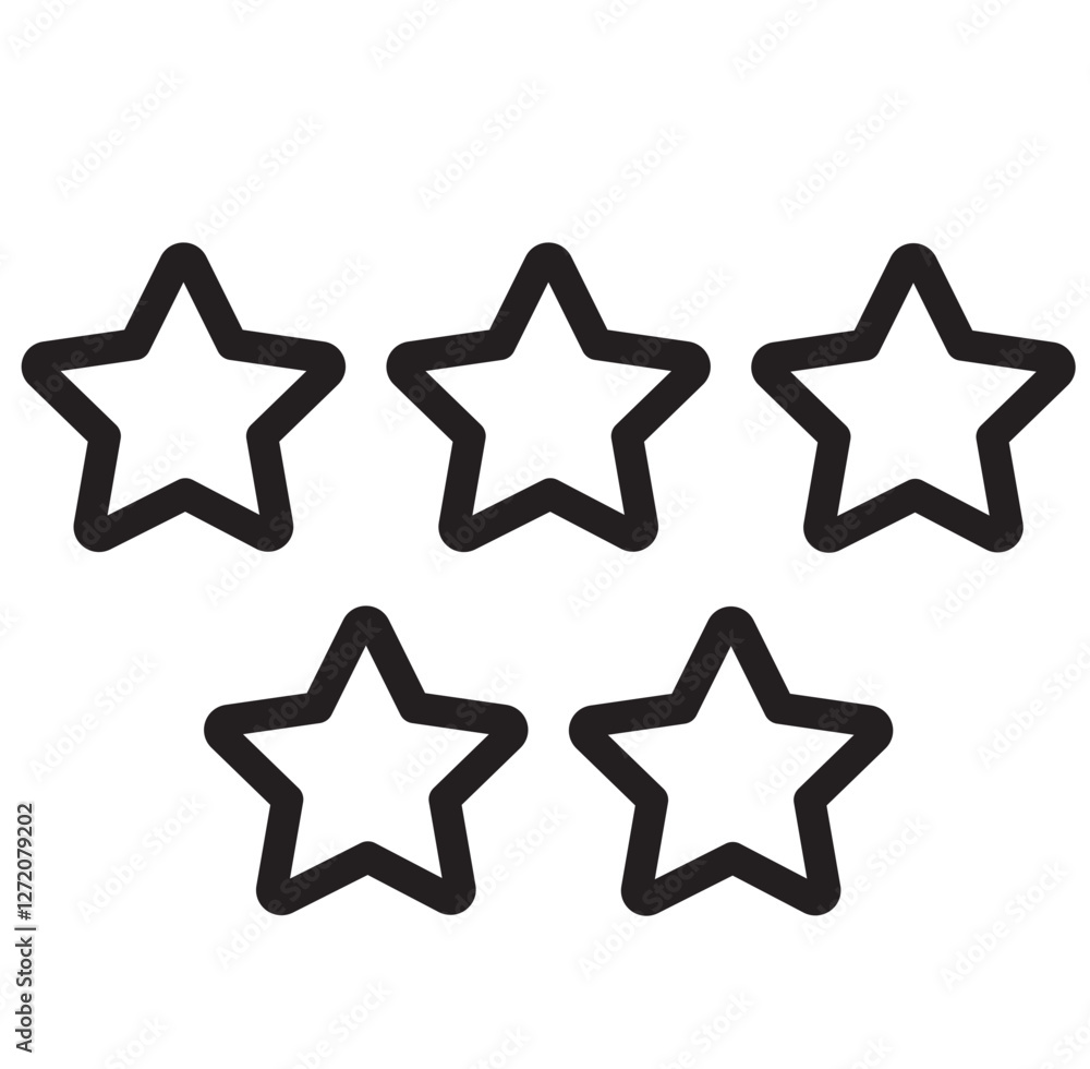 Collection of five black outline stars arranged in a horizontal line for design elements and graphics needs Collection of five black outline stars arranged in a horizontal line for design elements and graphics needs