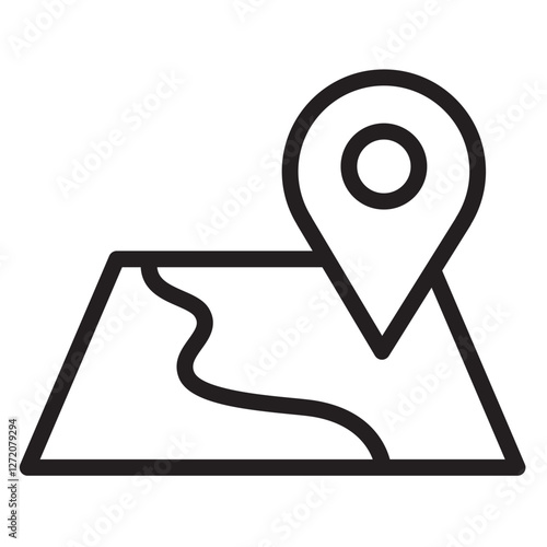 Map marker icon representing location on a land area with a winding river line illustration to indicate navigation or exploration