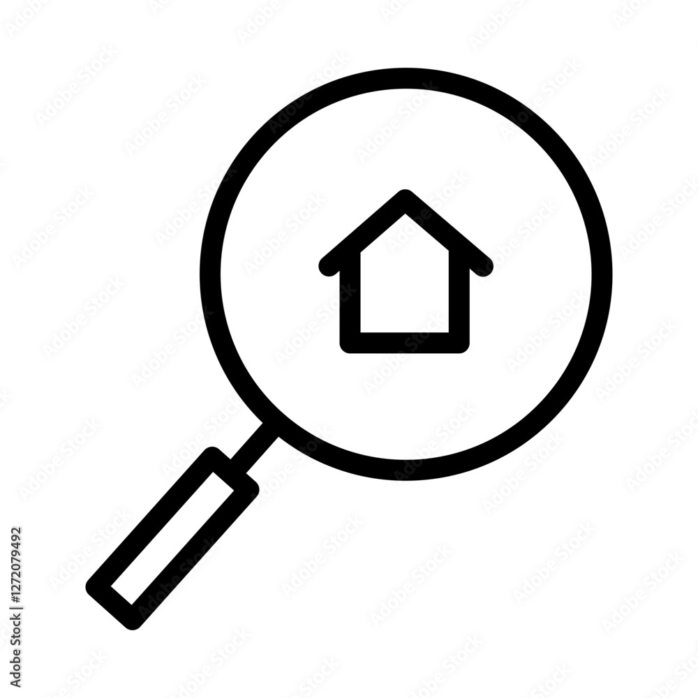 Visual representation of house search through magnifying glass line icon concept for real estate and property exploration Visual representation of house search through magnifying glass line icon concept for real estate and property exploration