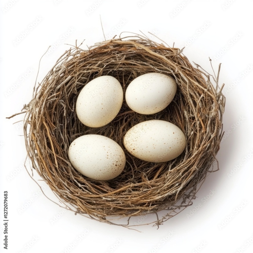 Four beautifully speckled eggs nestle in a meticulously woven bird nest, crafted with twigs and grass, revealing the tender care of nature's creation Four beautifully speckled eggs nestle in a meticulously woven bird nest, crafted with twigs and grass, revealing the tender care of nature's creation