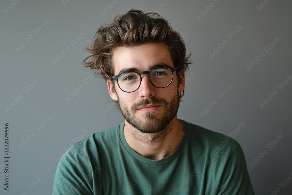 Young caucasian male with glasses and beard in casual green shirt Young caucasian male with glasses and beard in casual green shirt