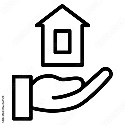 Hand holding house icon representing real estate services and property management in minimalistic design