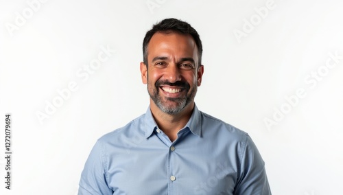 headshot portrait of middle age mature adult man. Freelancer entrepreneur isolated on white background. Happy smiling handsome 40 years old latin hispanic businessman looking at camera