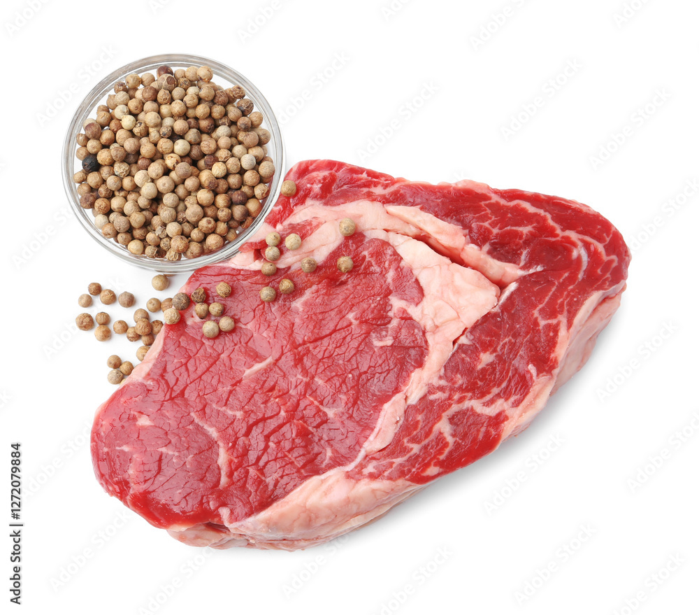 Fototapeta premium Piece of raw beef meat and spices isolated on white, top view
