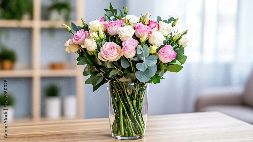 Light-filled kitchen features a beautiful bouquet of roses and eucalyptus on a smooth table, complemented by a glass nearby Light-filled kitchen features a beautiful bouquet of roses and eucalyptus on a smooth table, complemented by a glass nearby