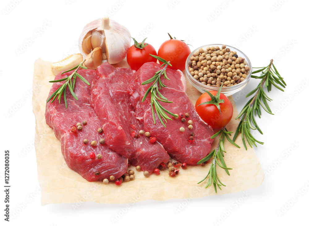 Pieces of raw beef meat, spices and tomatoes isolated on white Pieces of raw beef meat, spices and tomatoes isolated on white
