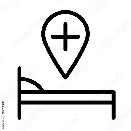 Line icon vector illustration of a bed with a location pin symbolizing accommodation services or healthcare settings