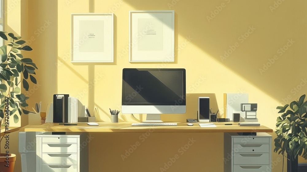 Bright and Modern Home Office Workspace with Computer and Plants Bright and Modern Home Office Workspace with Computer and Plants