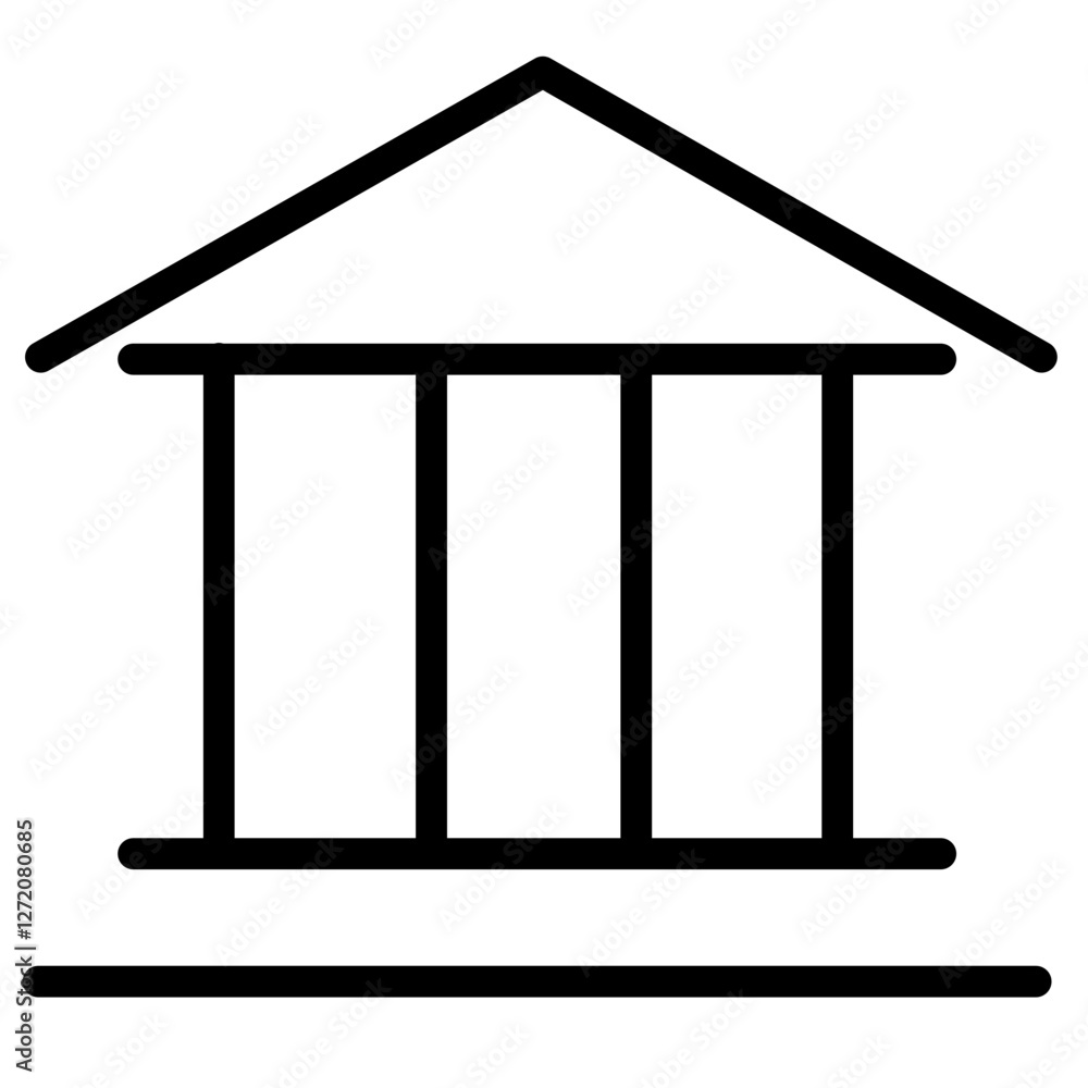 Line icon illustration depicting a simple building with columns and a triangular roof structure Line icon illustration depicting a simple building with columns and a triangular roof structure