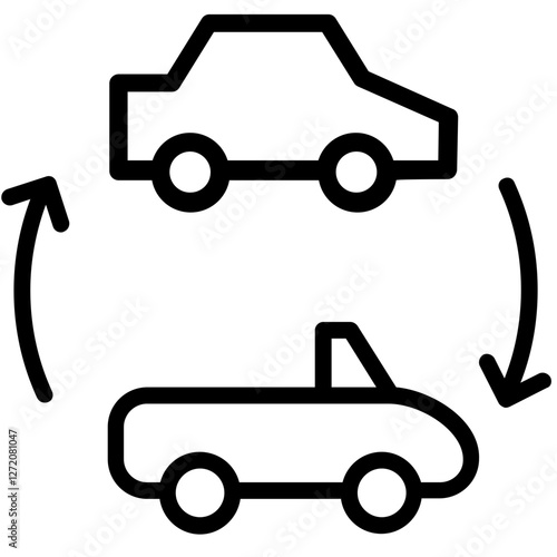 Car exchange process illustration depicting vehicles in motion with directional arrows