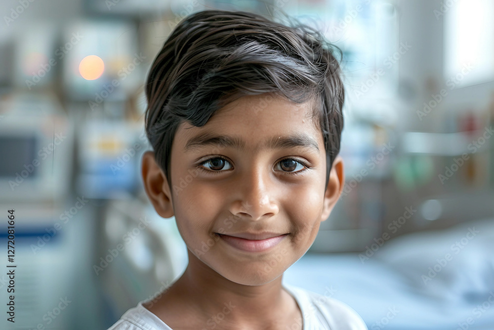 Smiling survival Child Resting in Hospital Bed, Representing Pediatric Healthcare, Generative AI Smiling survival Child Resting in Hospital Bed, Representing Pediatric Healthcare, Generative AI