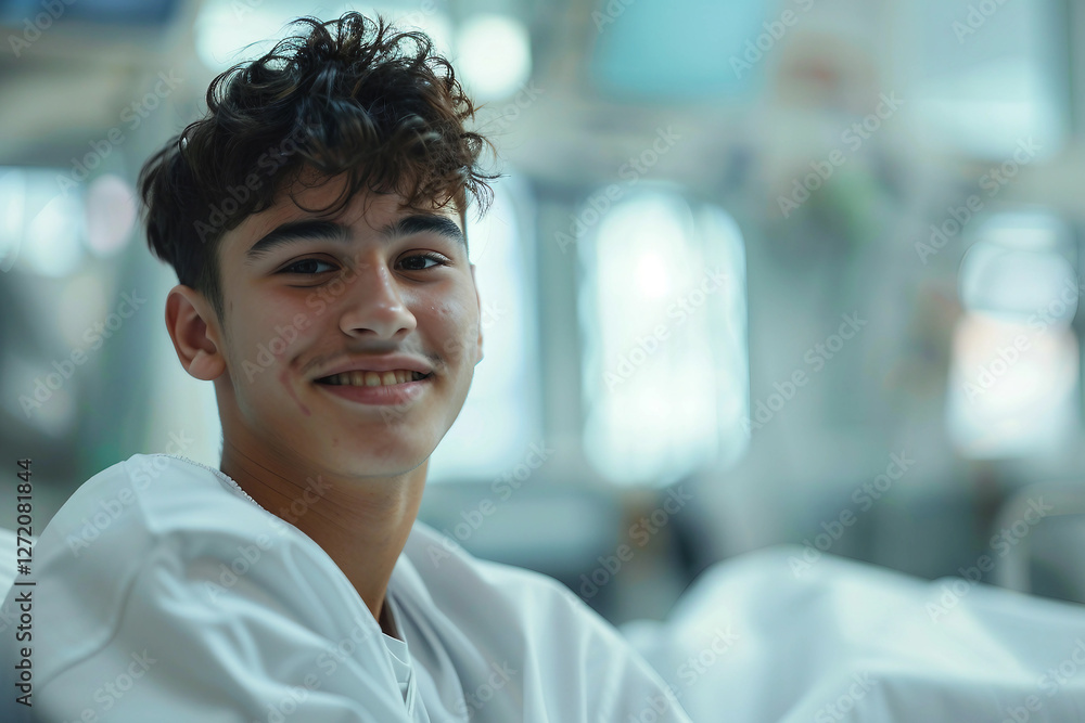 Smiling survival Child Resting in Hospital Bed, Representing Pediatric Healthcare, Generative AI Smiling survival Child Resting in Hospital Bed, Representing Pediatric Healthcare, Generative AI