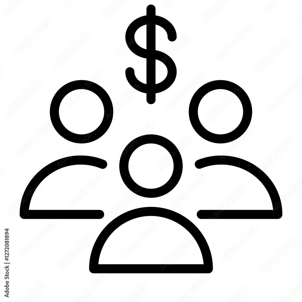 Three user icons with a dollar sign representing finance, investment, and economic collaboration in a minimalistic line design for modern applications