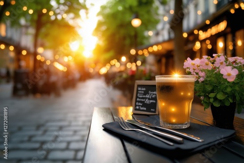 Charming outdoor cafe in Paris with blooming flowers and soft morning sunlight, inviting guests for a relaxing experience