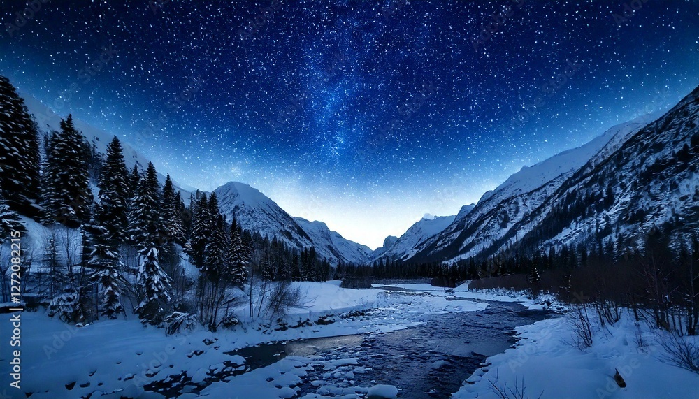 Night sky with stars and milky way in snowy mountains Night sky with stars and milky way in snowy mountains