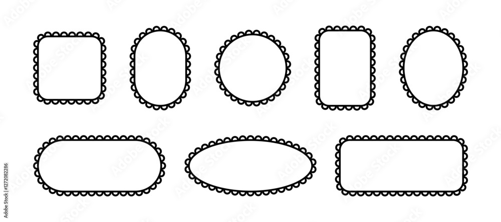 Frames with scallop ornament on edge. Lace border with pattern. Black vector set of templates for design isolated on white background. Frames with scallop ornament on edge. Lace border with pattern. Black vector set of templates for design isolated on white background.