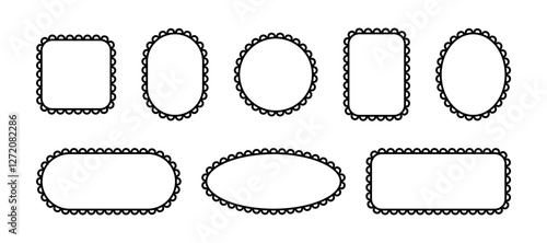 Frames with scallop ornament on edge. Lace border with pattern. Black vector set of templates for design isolated on white background.