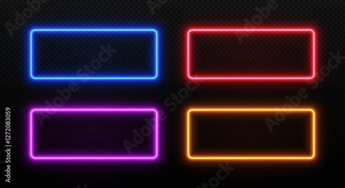 Light neon rectangle frame. Glow LED border. Vector set of laser templates for design isolated on dark transparent background.