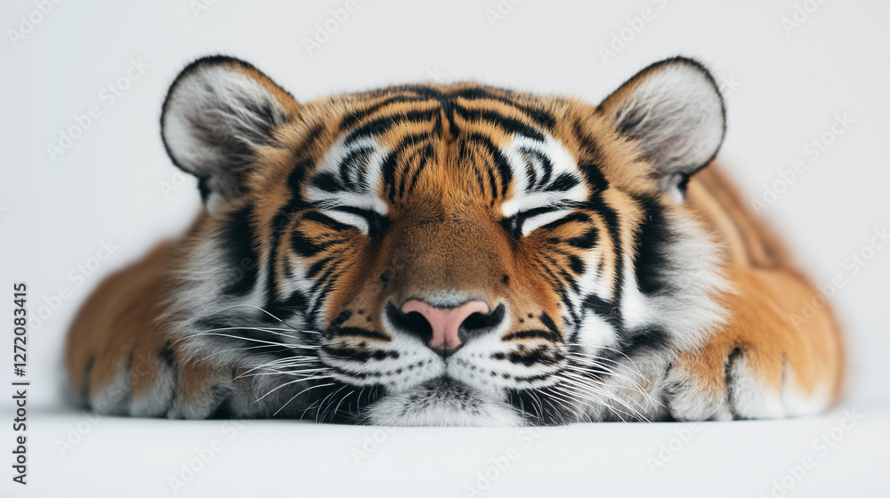 Obraz premium A close-up of a striped brown, white, and black Bengal tiger's face closing it's eyes looking forward isolated on white background 