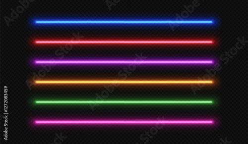 Neon line light. LED laser stripe. Fluorescent tube glow. Set of vector electric beams dividers isolated on black transparent background.