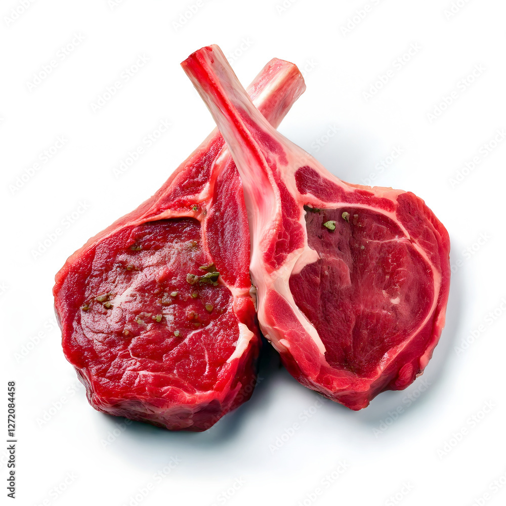Obraz premium Lamb chops on white background. Raw meat on white.