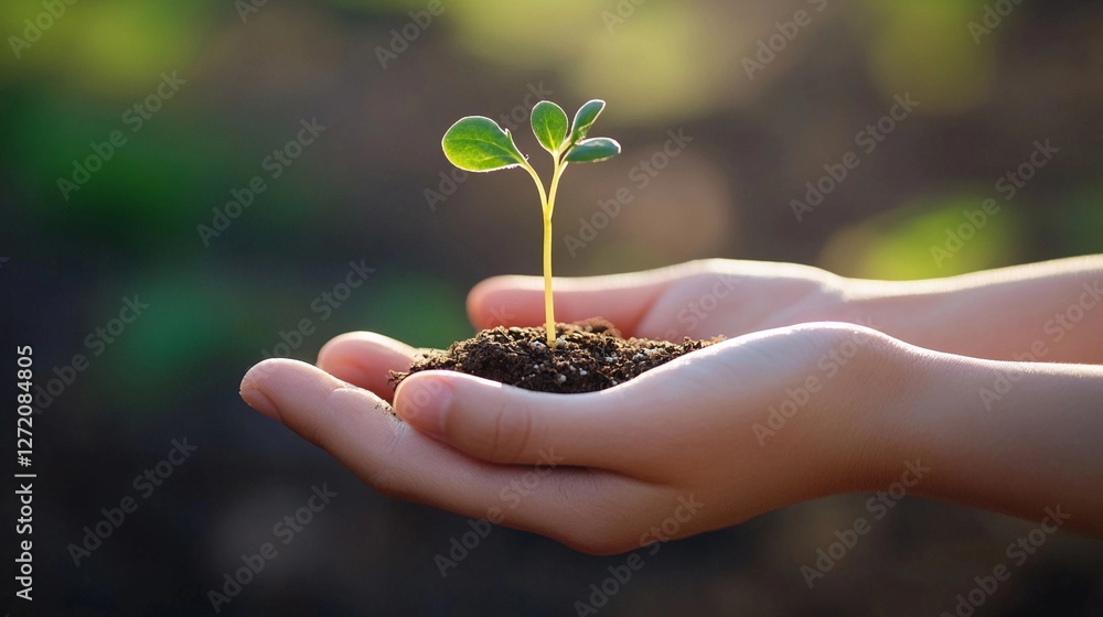 Hands nurturing a young seedling in rich soil, symbolizing growth and environmental care Hands nurturing a young seedling in rich soil, symbolizing growth and environmental care