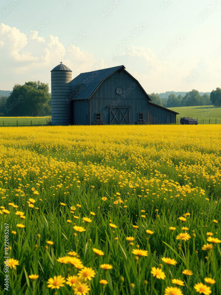 Country farm with wood barn and silos surrounded by yellow wildflowers in a green field, landscape photography, country farm, wooden barn, nature scene, countryside scenery Country farm with wood barn and silos surrounded by yellow wildflowers in a green field, landscape photography, country farm, wooden barn, nature scene, countryside scenery
