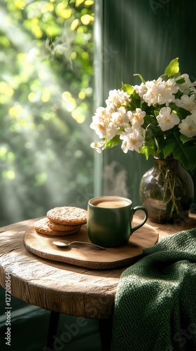 Wallpaper Mural Cozy afternoon moment with tea and cookies beside a beautiful flower arrangement Torontodigital.ca