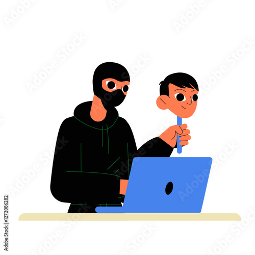 Cybercriminal Using Fake Identity In Flat Vector Illustration Symbolizing Online Fraud, Identity Theft, And Cybersecurity Risks, Isolated On White Background.