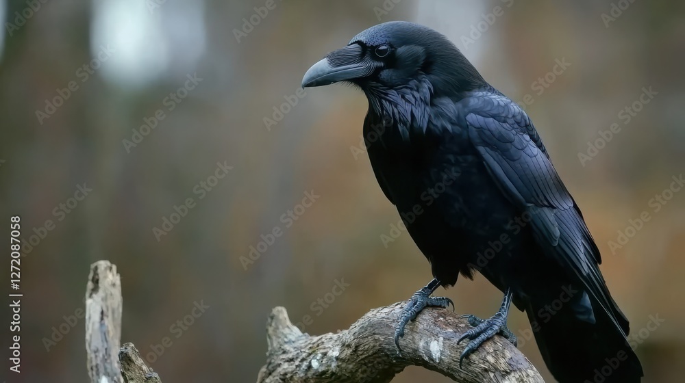 A majestic raven perched on a branch, its ebony feathers strikingly detailed against a blurred backdrop.