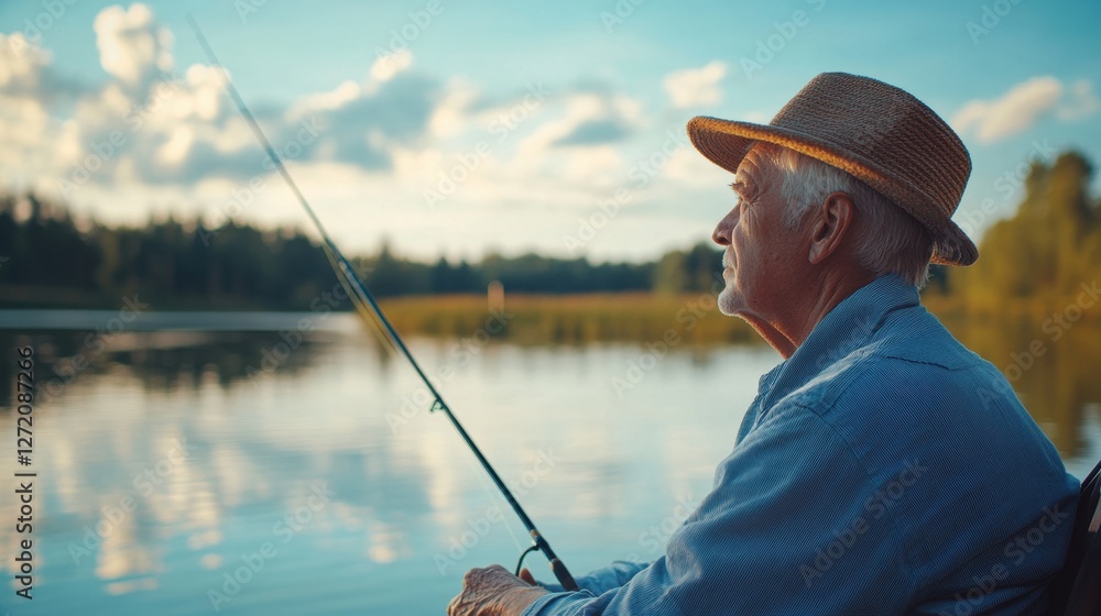 Elderly Man Fishing on Tranquil Lake at Sunset with Reflective Water Elderly Man Fishing on Tranquil Lake at Sunset with Reflective Water