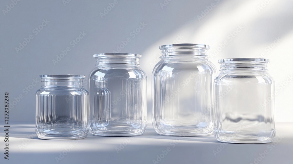 Clear glass jars arranged in a row on a light background with soft shadows during daytime Clear glass jars arranged in a row on a light background with soft shadows during daytime