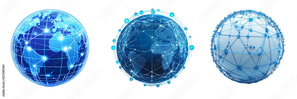 Naklejka premium Set of a 3D blue world globe made of network connections, isolated on a transparent background.