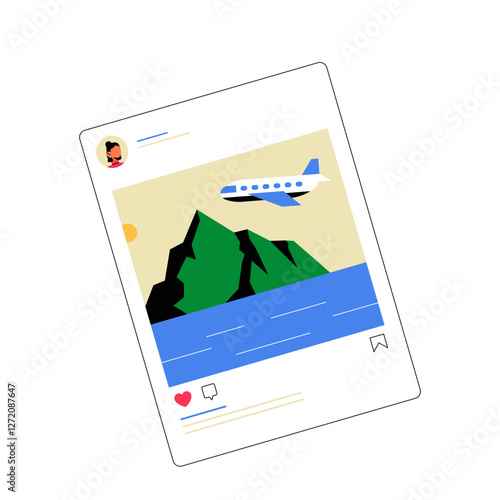 Social Media Travel Post In Flat Vector Illustration Symbolizing Digital Tourism, Vacation Sharing, And Online Engagement, Isolated On White Background