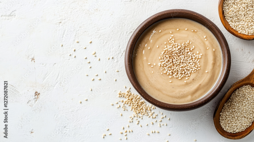 A bowl of creamy tahini garnished with sesame seeds, placed next to a heap of sesame seeds on a white surface. A top-down perspective A bowl of creamy tahini garnished with sesame seeds, placed next to a heap of sesame seeds on a white surface. A top-down perspective