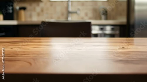 A well-crafted wooden table is the focal point in a stylish kitchen, highlighting sleek appliances and natural lighting during the morning hours.