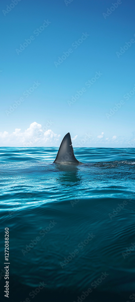 Fototapeta premium Shark's dorsal fin cutting through turquoise waters, rippling surface beneath cloudscape stretching across azure sky