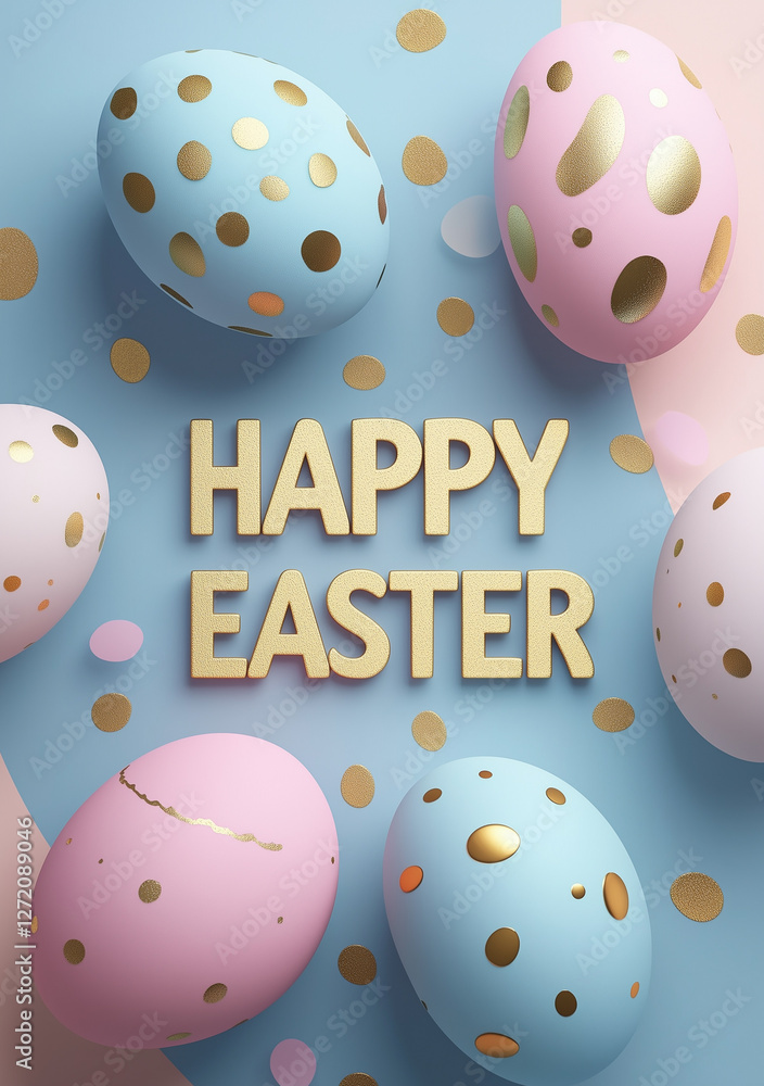 3d render of pastel pink and blue easter eggs with golden confetti on a two-tone background wishing happy easter