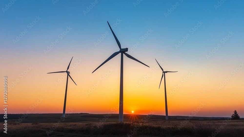 Wind turbines stand tall against a stunning sunset over a colorful horizon in a serene landscape Wind turbines stand tall against a stunning sunset over a colorful horizon in a serene landscape