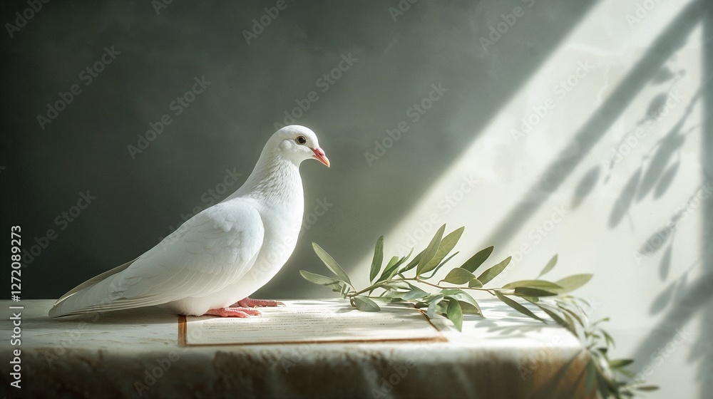 Obraz premium White Dove with Olive Branch on Table in Serene Light