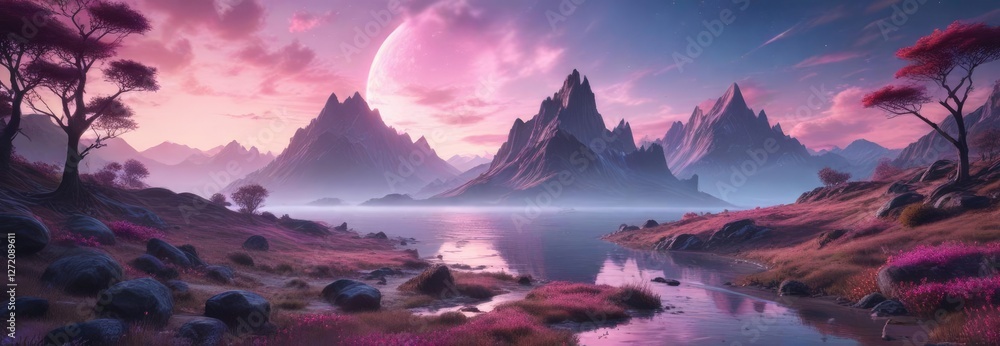 Obraz premium Dreamy, ethereal landscape with swirling blue and pink hues blending together , watercolor effects, serene atmosphere